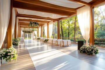 Luxurious wedding venue with white carpet leading to outdoor ceremony under wooden pergola
