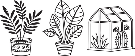 Illustration of potted and basket flowers with green leaves