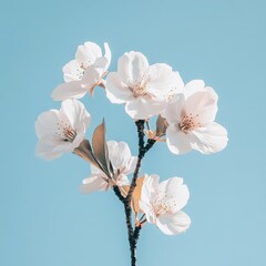 Fototapeta premium Delicate Blossom Delight: A Cluster of White Flowers Against a Serene Blue Sky, Evoking Springtime Beauty and Calm