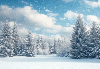 Obraz premium Snow-covered pine forest under a bright, cloudy sky in winter.
