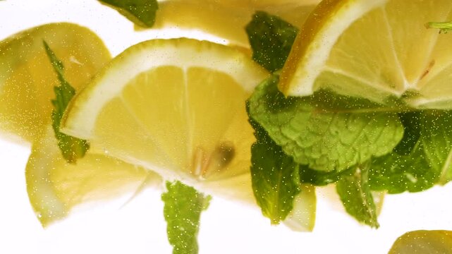 Slow motion slices of lemon or orange fruit and mint leaves splashing in water