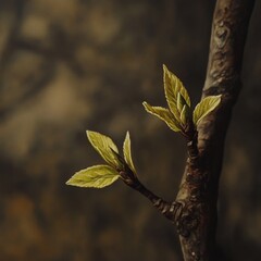 Fototapeta premium Emerging Life: A Close-Up of New Leaves Sprouting from a Branch in Early Springtime 
