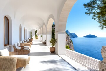 Mediterranean luxury hotel terrace overlooking Capri Island with comfortable wicker armchairs