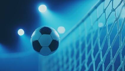 Soccer ball approaching the goal under bright stadium lights.