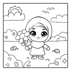 An elegant hijab-wearing girl coloring sheet for kids.
