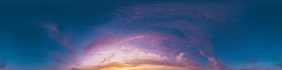 Seamless 360 HDR spherical panorama of sunset sky with vibrant pink Cirrus clouds. Full zenith or sky dome in 3D, sky replacement for aerial drone panoramas. Climate and weather change.