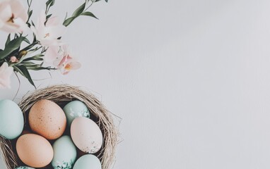 Colorful eggs nestled in a flower-filled nest, celebrating the spirit of Easter.