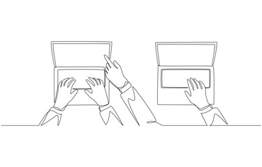 Continuous one line drawing of hand pointing on laptop screen of colleague, collaboration and teamwork, interaction at work concept, single line art