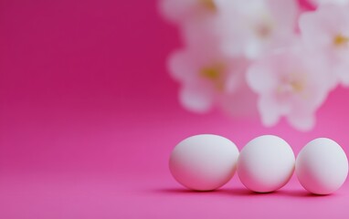 Fototapeta premium Three colorful eggs sit beside a blooming flower, symbolizing Easter's vibrant celebration.