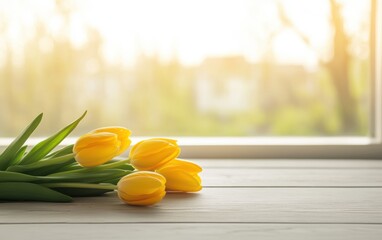 Bright yellow tulips on a wooden table by a window, celebrating the joy of Easter season.
