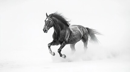 Fototapeta premium A dramatic motion shot of a horse charging ahead, its energy palpable as it propels forward, its form beautifully highlighted against a clean white backdrop 