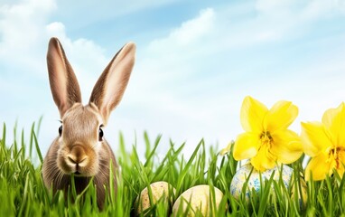 A rabbit sits among flowers in the grass, celebrating the spirit of Easter.