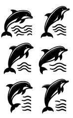 Naklejka premium Black and White Dolphin Silhouettes in Various Jumping Poses, Generative AI