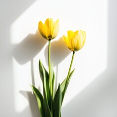Bright yellow flowers in a vase against a clean white wall, perfect for springtime decor.