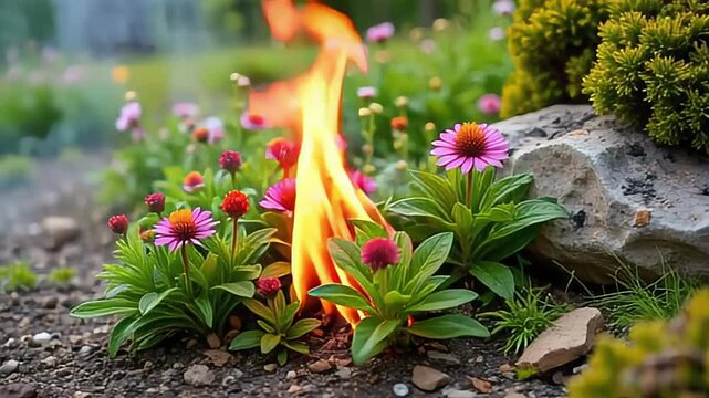 Burning Flowers in a Garden