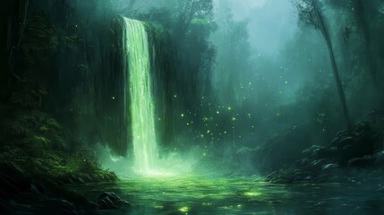 Enchanting Waterfall in a Mystical Forest at Dusk
