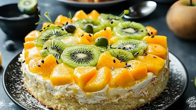 Colorful fruit cake topped with kiwi and mango, set on a dark table with fresh fruits in the background