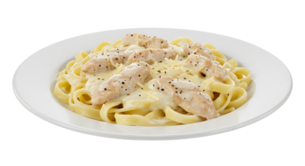 Serving of Chicken Fettuccine Alfredo Pasta on a White Plate Meal