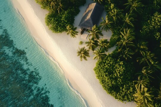 Aerial view of a tropical beach with clear turquoise water and lush greenery.