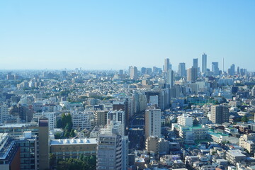 Fototapeta premium 高い建高い建物から見える展望。昼間の東京の街並み。物から見える夕方の東京の街並み。
