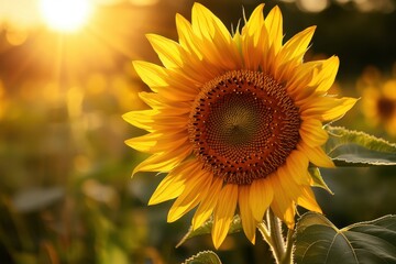 Bright sunflower in golden sunlight, showcasing warm tones and vibrant yellow petals.