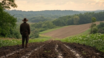 Fototapeta premium Farmer standing in plowed field, overlooking rolling hills at sunset.