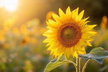 Obraz premium Close-up of a vibrant sunflower basking in the warm glow of golden sunlight.