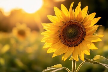 Obraz premium Vibrant sunflower glowing in the golden sunlight of late afternoon.