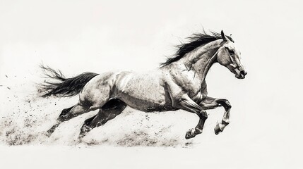 Fototapeta premium A dynamic side-profile of a racehorse in motion, its hooves lifted mid-gallop, the wind rushing through its flowing mane, perfectly framed against a white background, cinematic telephoto shot. 
