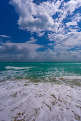 Sea waves background. Summer ocean water motion. Ocean splash wave background. Deep blue sea beach. Turquoise wave. Dreamy exotic sea beach. Beautiful sea beach waves.