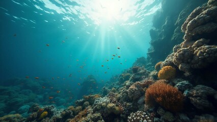 Obraz premium Vibrant Coral Reef with Tropical Fish Shoals in Sunlit Crystal Clear Waters