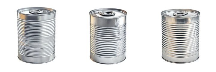 A Set of Tin Can with Reflective Surface and Realistic Shadows Isolated on Transparent Background