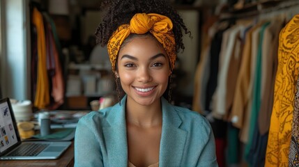 Fototapeta premium Portrait of a Smiling Young Female Entrepreneur in her Fashion Studio