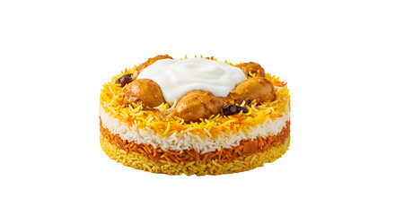 Serving Chicken Biryani Rice Dish with Yogurt Sauce on White Background