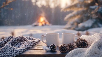 Cozy Winter Scene with Hot Drinks by Firelight for Relaxing Outdoor Moments