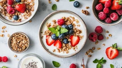 Healthy breakfast bowls featuring granola, berries, yogurt, and fresh mint