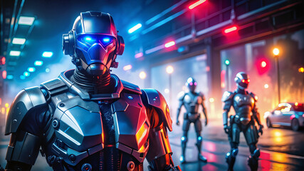 Naklejka premium Futuristic armored cyborg in neon-lit cityscape