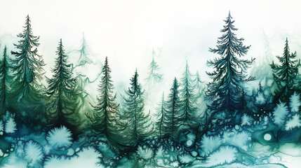 Fototapeta premium alcohol ink illustration of green and blue pine forest on white or transparent background