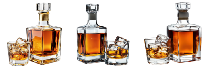 A Set of Sophisticated Whiskey Glasses and Bottles with Ice Cubes Isolated on Transparent Background