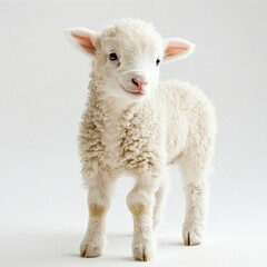Fototapeta premium A fluffy lamb standing in the center, soft fleece detailed, even lighting, full-body shot, white backdrop. 