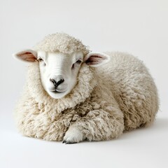 Naklejka premium A fluffy white sheep lying down, wool texture detailed, gentle lighting, close-up shot, pure white backdrop. 