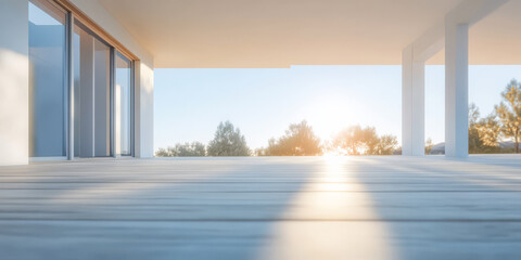 Fototapeta premium Modern architecture showcasing a serene sunset view from an outdoor deck