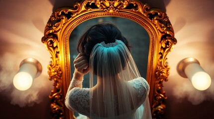 Bride adjusting her veil in ornate golden mirror, classic wedding scene