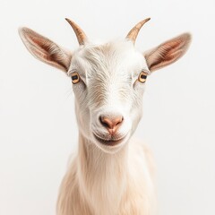 Fototapeta premium A friendly dairy goat looking at the camera, soft fur texture detailed, natural pose, high-key lighting, crisp white background. 