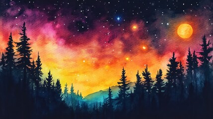 Fototapeta premium Watercolor Painting of a Night Sky over a Forest with a Full Moon and Stars
