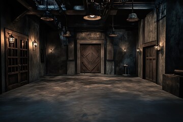The basement room on the bottom floor of the buildings parking lot is empty in an industrial cast concrete style
