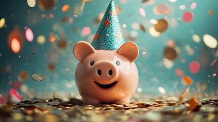 A fun and festive image of a piggy bank wearing a bright party hat, surrounded by coins and confetti, symbolizing savings and financial resolutions for the new year, wide-angle shot.  