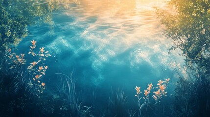Fototapeta premium Enchanting Underwater Scene with Sunlit Water and Blooming Flowers