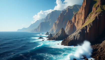 Dramatic coastal landscape with rugged cliffs featuring stratified rock layers and lush green crowns overlooking a vibrant blue ocean with crashing foamy waves under a clear sky