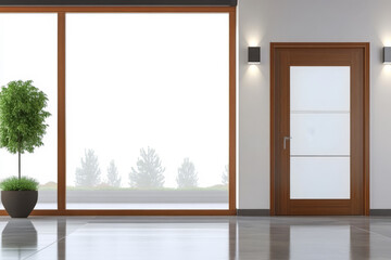 Modern interior design at a spacious entrance with natural light and greenery during daytime